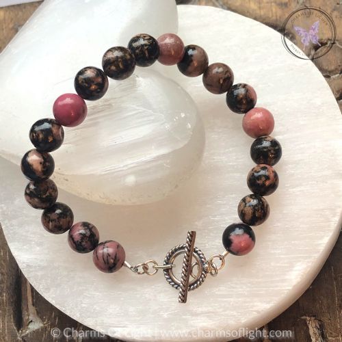 Rhodonite Healing Bracelet with Silver Toggle Clasp